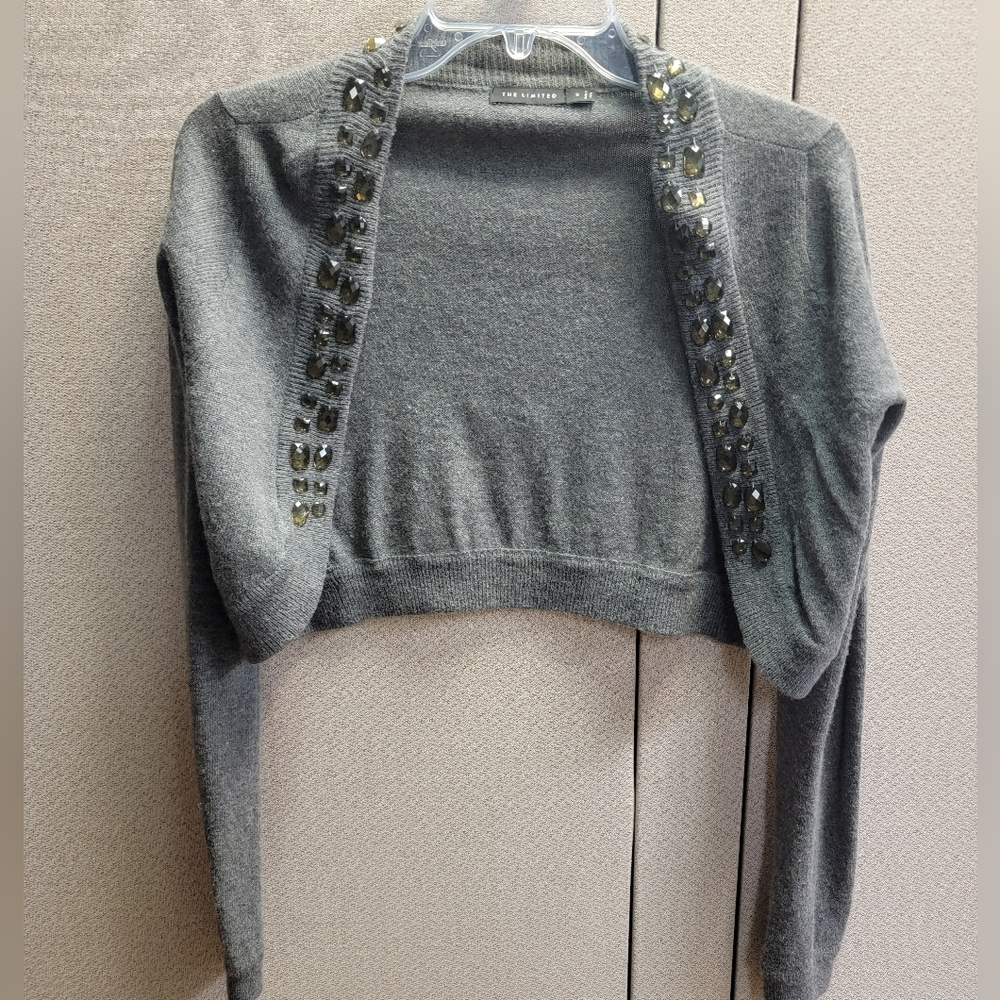 Vintage The Limited Cropped Grey Wool Cardigan with Gemstones